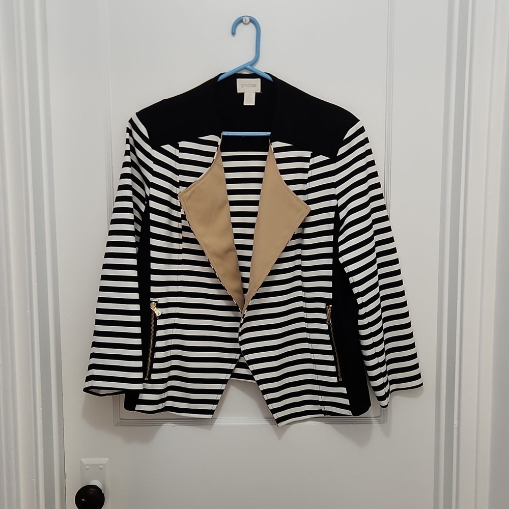 Chico's Black and White Stripe Moto Open Front Jacket Blazer Size 2 US Size L